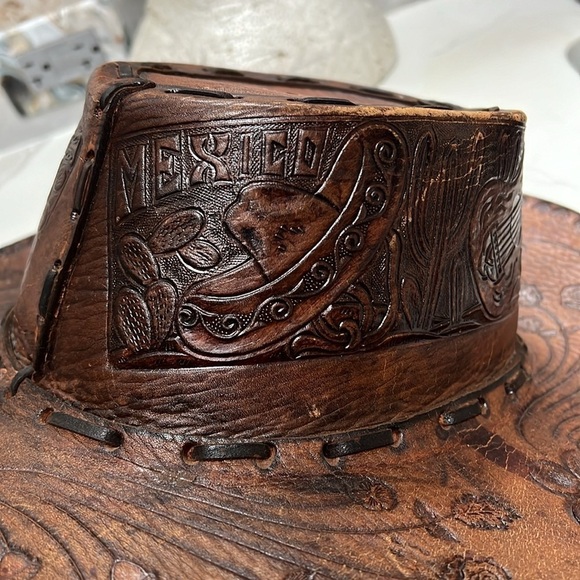 Vintage Leather Hand Tooled Hand Made Leather Western Gaucho Hat Sz 7 1/2 main image 4